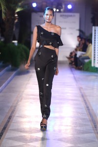 A black one-shoulder jumpsuit by Shivan and Narresh
