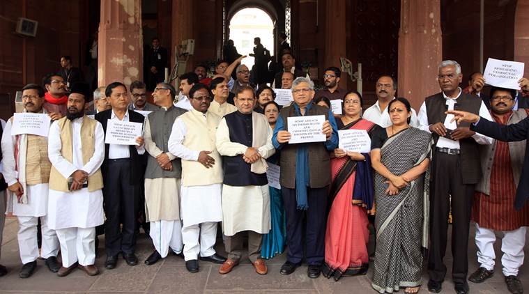 Opposition party leaders protesting against Delhi police Commissioner B S Bassi and Govt at the parliament house in new Delhi on Wednesday express photo by Prem Nath Pandey 24 feb 16