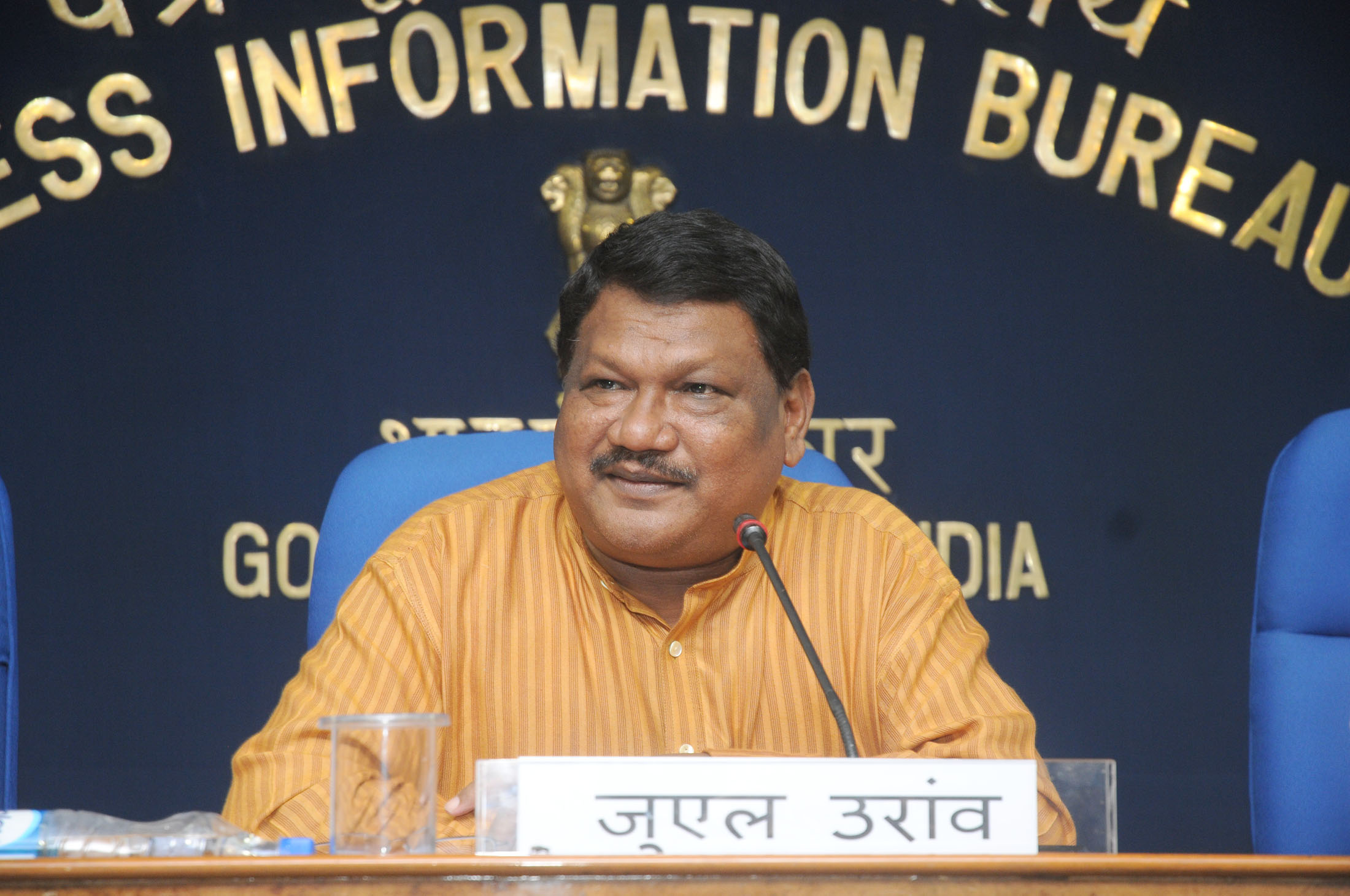 The Union Minister for Tribal Affairs, Shri Jual Oram briefing the media about the initiatives and achievements of his Ministry, in New Delhi on September 26, 2014.