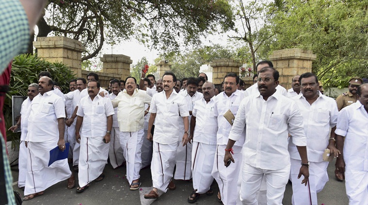 Chennai: DMK working president M K Stalin arrives along with his party MLAs at the Tamil Nadu Secretariat in Chennai on Saturday. PTI Photo by R Senthil Kumar(PTI2_18_2017_000041A)