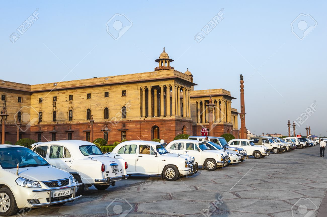 16377520-DELHI-INDIA-OCTOBER-16-Official-Hindustan-Ambassador-cars-parked-outside-North-Block-Secretariat-Bui-Stock-Photo