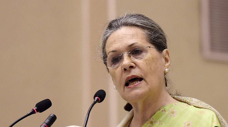 New Delhi: Congress President Sonia Gandhi speaks during the Indira Gandhi Centennial Lecture, organised on the occasion of the birth anniversary of  Former Prime Minister Indira Gandhi,  at Vigyan Bhavan in New Delhi on Saturday.PTI Photo by Manvender Vashist(PTI11_19_2016_000257A)