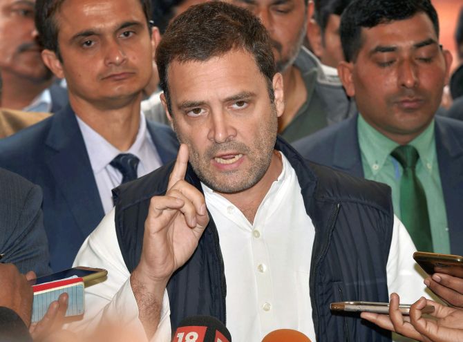 New Delhi: Congress President Rahul Gandhi addresses the media during the winter session at Parliament House in New Delhi on Tuesday. PTI Photo by Manvender Vashist(PTI12_19_2017_000022B)