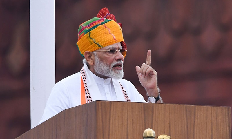 India's Prime Minister Narendra Modi delivers a speech to the nation during a ceremony to celebrate country's 73rd Independence Day, which marks the of the end of British colonial rule, at the Red Fort in New Delhi on August 15, 2019. (Photo by Prakash SINGH / AFP)