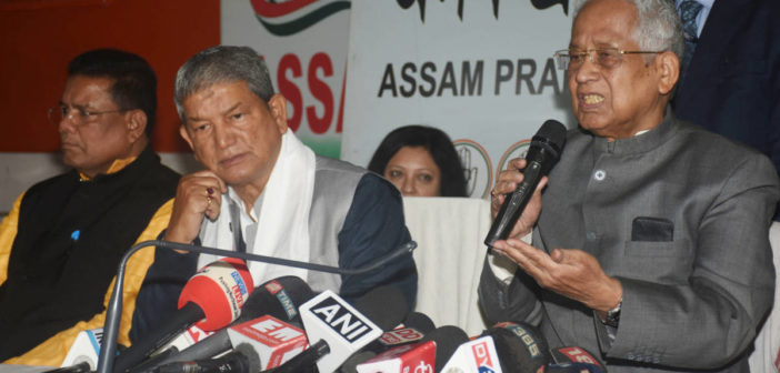 Former Assam Chief Minister Tarun Gogoi with Former Uttarakhand Chief Minister and congress  in-charge of Assam  Harish Rawat and Assam Pradesh Congress Committee (APCC) President Ripun Bora (left)addressing a joint press conference , at Rajiv Bhawan in Guwahati on Friday, December 27, 2019, regarding Congress Leader Rahul Gandhi protest Rally against Citizenship (Amendment) Act (CAA) and National Register of Citizens (NRC) to be held at Veterinary College playground , Khanapara in Guwahati on Saturday 28 December  .