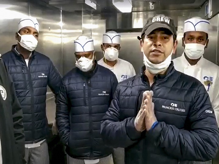 **EDS: SCREENGRAB FROM A FACEBOOK VIDEO** New Delhi: In this screengrab of a SOS video Binay Kumar Sarkar (R) along with other Indian crew members of the quarantined cruise liner Diamond Princess, requests Prime Minister Narendra Modi to save them and the passenger. The coronavirus tally at the ship touched 137 Monday after 66 more passengers and crew members were tested positive for the infection. (SCREENGRAB/PTI Photo) (PTI2_10_2020_000203B)