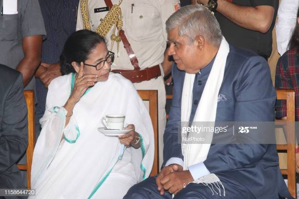 Mamata Banerjee Chief Minister of West Bengal and Shri Jagdep Dhankhar Governor of West Bengal during The swearing- In- Ceremony of Shri Jagdeep Dhankhar ,Governor of West Bengal at Governor House on 30 July, 2019 in Kolkata, India. (Photo by Debajyoti Chakraborty/NurPhoto via Getty Images)