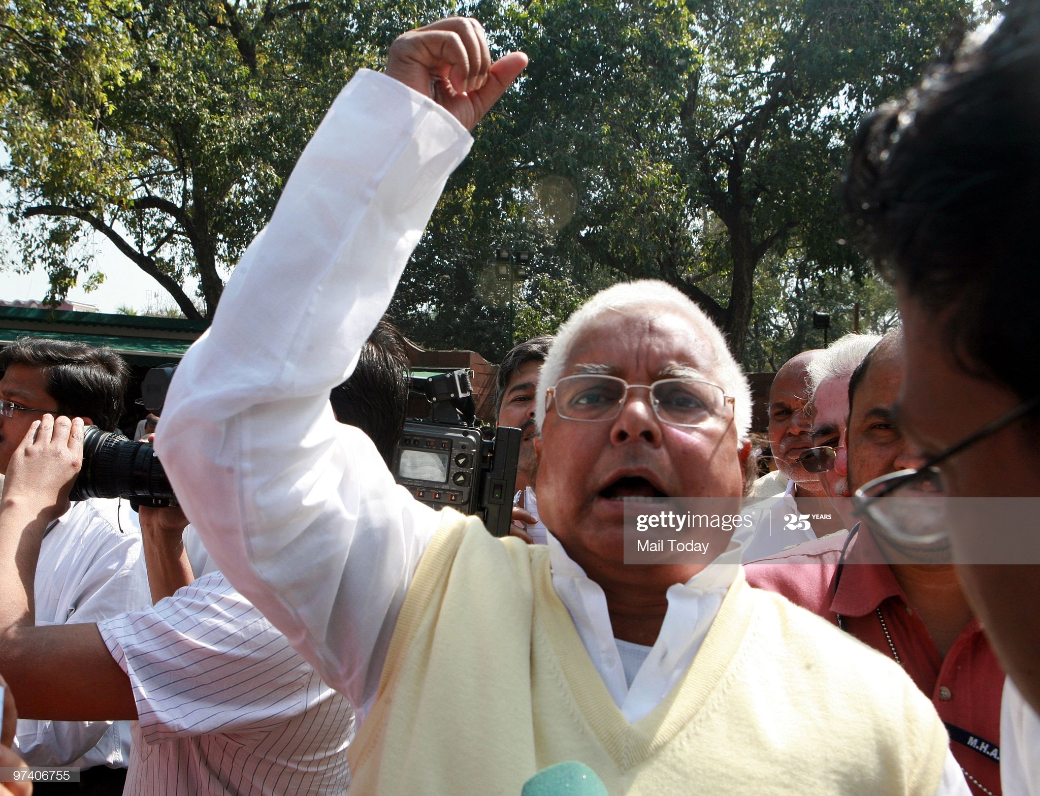 NEW DELHI, INDIA � FEBRUARY 26: Senior political leader Lalu Prasad Yadav addresses the media after the opposition leaders walked out of the parliament house to protest against the Annual Budget 2010-2011 in New Delhi on February 26, 2010. (Photo by Kaushik Roy/The India Today Group via Getty Images)